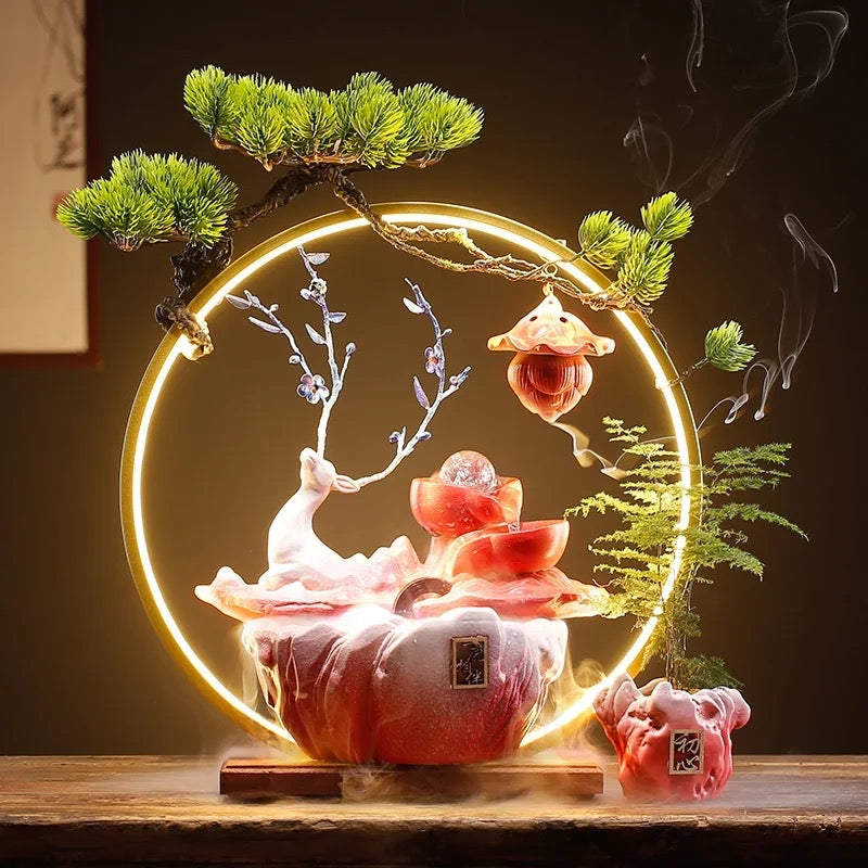 Tabletop Water Fountain, Indoor Deer Waterfall with LED Light Ring and Mist Maker for Home Office Decor (Red)