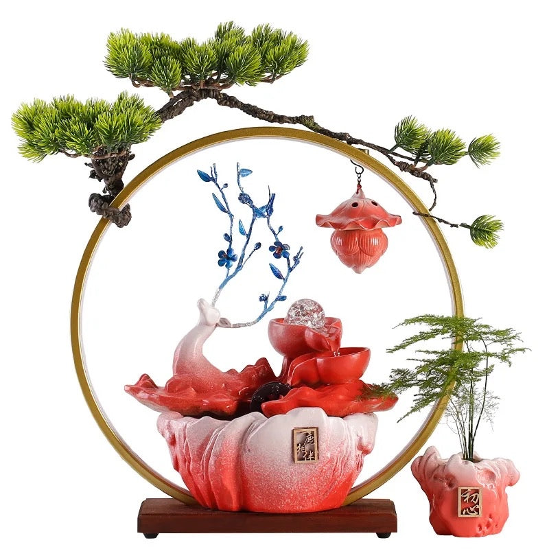 Tabletop Water Fountain, Indoor Deer Waterfall with LED Light Ring and Mist Maker for Home Office Decor (Red)