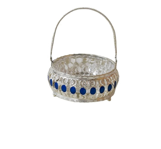 Metal silver plated glass sugar serving bowl